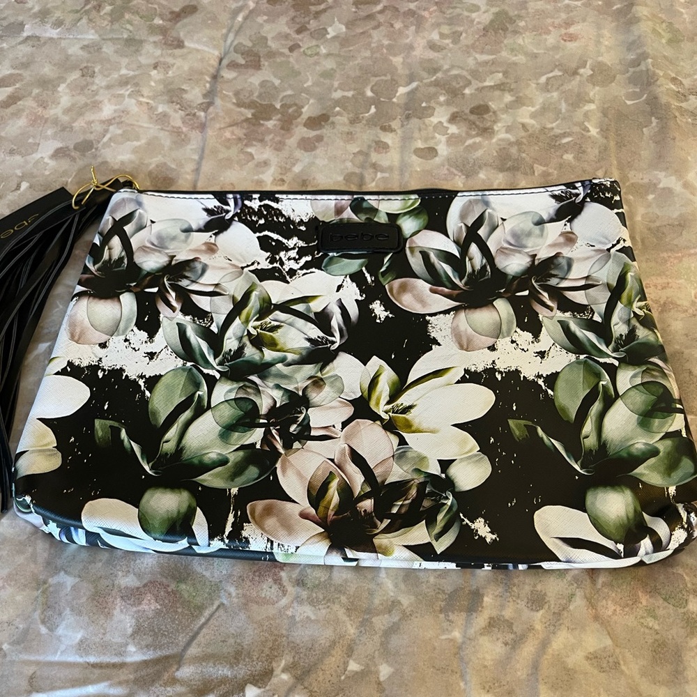 Oversized black white floral zip tassel clutch purse